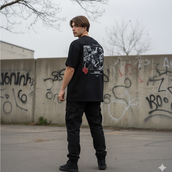 Darc Sport Black Tee with Skeleton and Wolf Graphic, overside - Picture 2 of 8